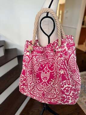 Donna Dixon Pink White Damask Canvas Rope Tote Bag Beach Resort Boho 18x18